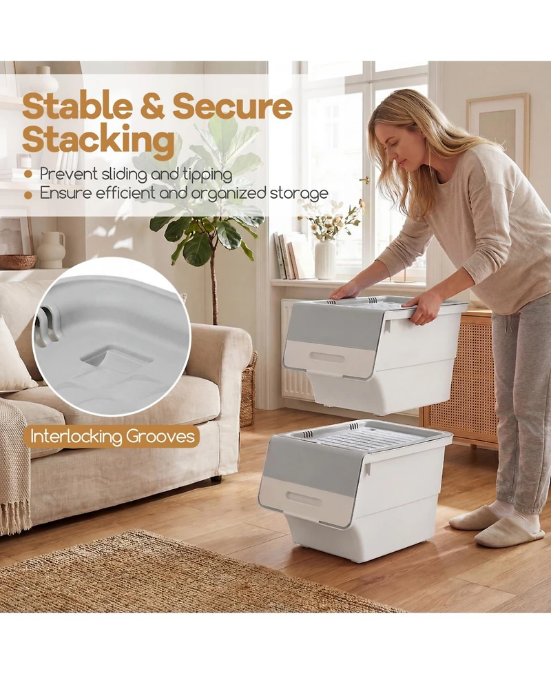 Sugift 3 Pieces Storage Bins on Wheels Stackable Plastic Boxes with Stay-Open Lid.