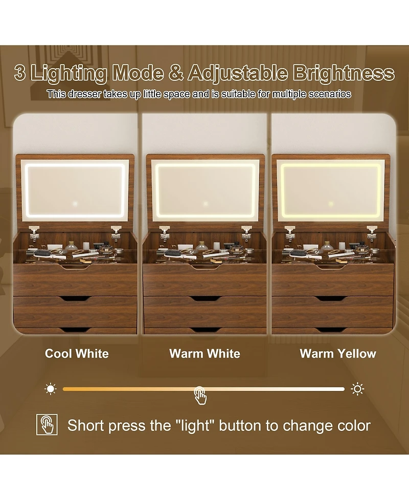 Rainsken 3-in-1 Vanity Desk with Lighted Mirror & Cushioned Tool, Flip Top Makeup Dressing Table for Cloakroom, Bedroom (23.62"L, Walnut)