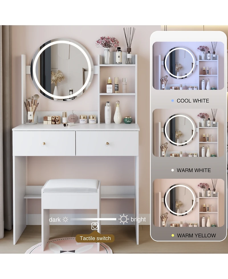 Rainsken 17" Round Led Mirror Vanity Desk Cushion Stool Suit, Dressing Table with 2 Drawers, 3 Open Shelves for Bedroom