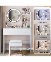 Rainsken 17" Round Led Mirror Vanity Desk Cushion Stool Suit, Dressing Table with 2 Drawers, 3 Open Shelves for Bedroom