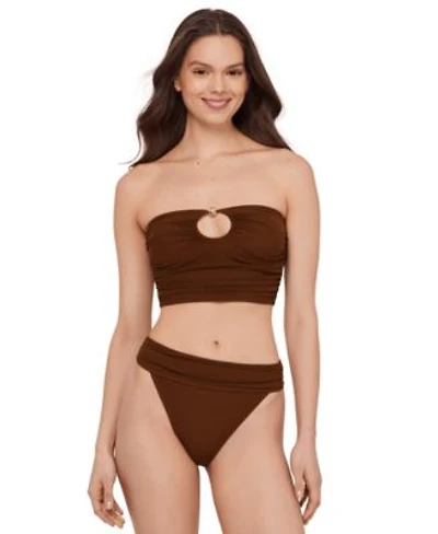 Steve Madden Womens Gold Tone Bead Keyhole Tube Bikini Top High Leg Ruched Band Swim Bottoms