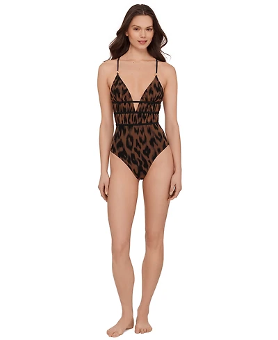 Steve Madden Women's Ruched Lace Back One-Piece Swimsuit