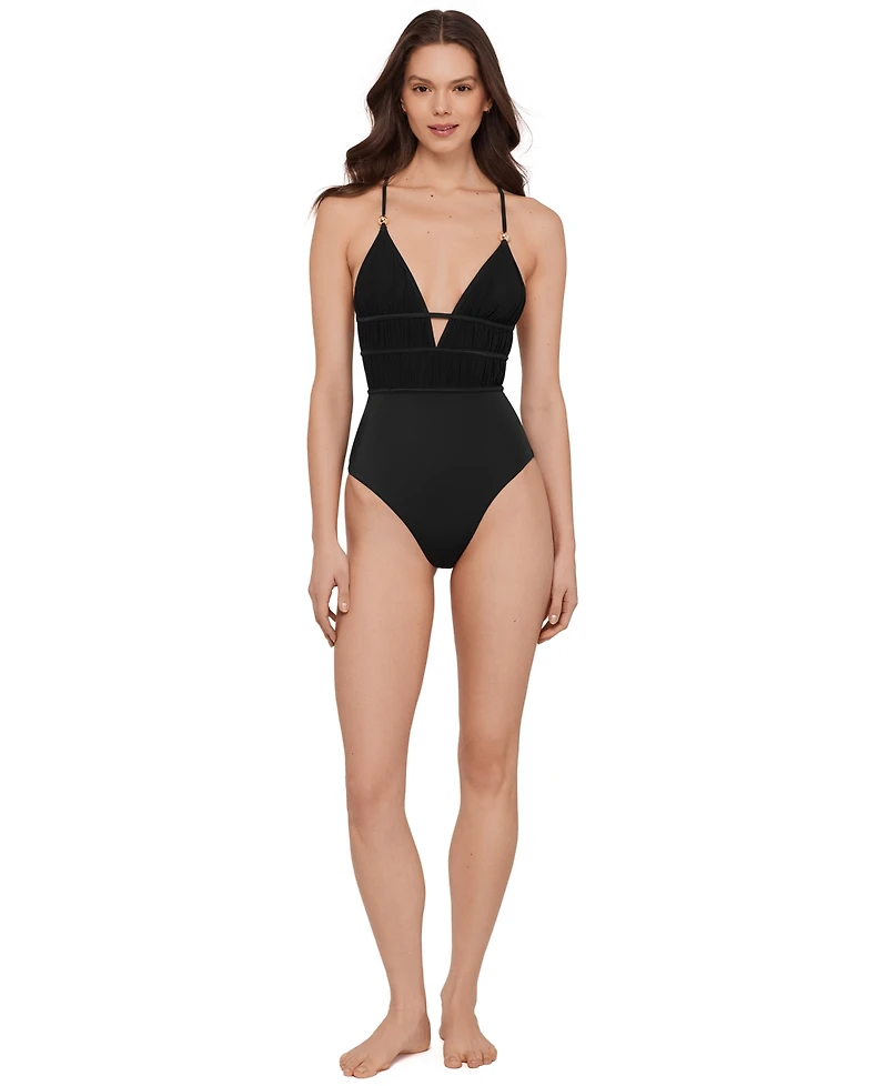 Steve Madden Women's Ruched Lace Back One-Piece Swimsuit