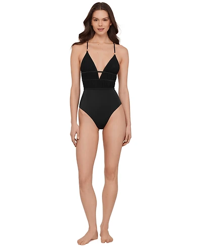 Steve Madden Women's Ruched Lace Back One-Piece Swimsuit