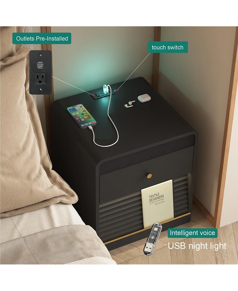 Rainsken Nightstand with Charging Station, Smart Nightstand with Led Light, Bedside Tables with Storage Cabinet for Bedroom