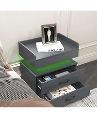 Rainsken Wood Nightstand with Adjustable Led Light Strip, Modern Bedside Table with 2 Drawers and Open Storage Compartment, Side End Table for Bedroom