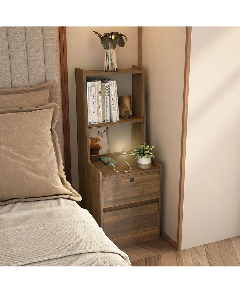 Rainsken Nightstand with Charging Station and Night Light, Lockable Bedside Cabinet Table with 2 Storage Drawers and Bookshelf for Bedroom
