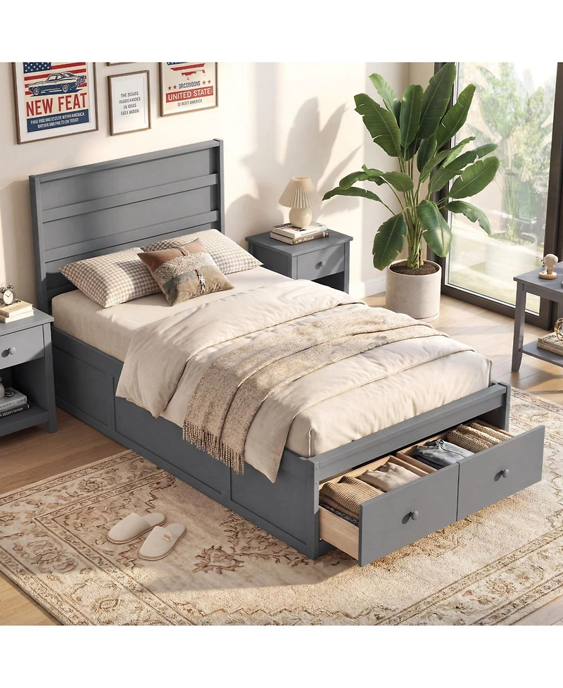 Gymax Twin Bed Frame w/Storage Drawers Headboard Wooden SlatandEnclosed Base