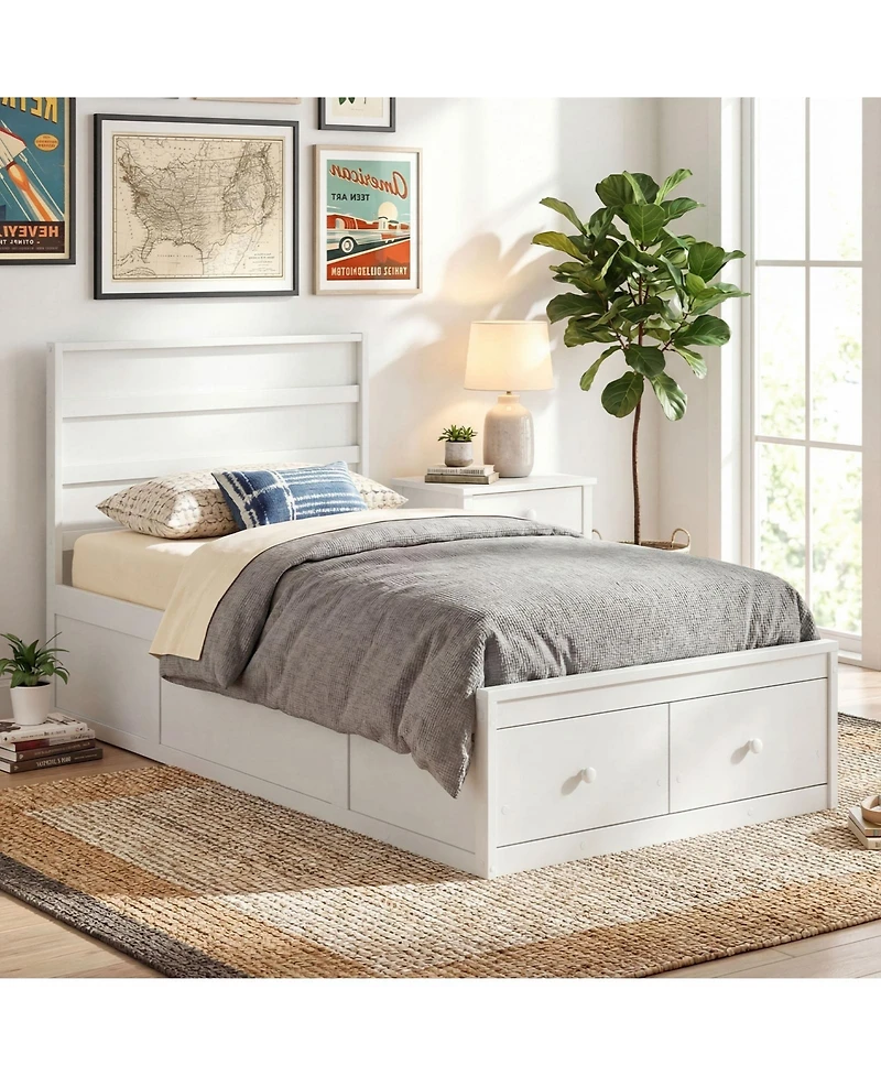 Gymax Twin Bed Frame w/Storage Drawers Headboard Wooden SlatandEnclosed Base