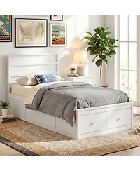 Gymax Twin Bed Frame w/Storage Drawers Headboard Wooden SlatandEnclosed Base