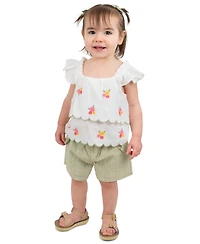Rare Editions Baby Girls' Flutter Cap Sleeve Top and Stripe Olive Shorts, 2-Piece Set