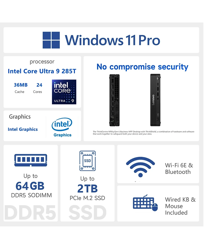 Lenovo ThinkCentre M90q Mff Desktop Intel Core Ultra 9 64GB Ram Intel Graphics 2TB Ssd Storage Windows 11 Pro