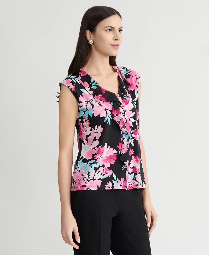 Kasper Women's Printed Ruffle-Trim V-Neck Top