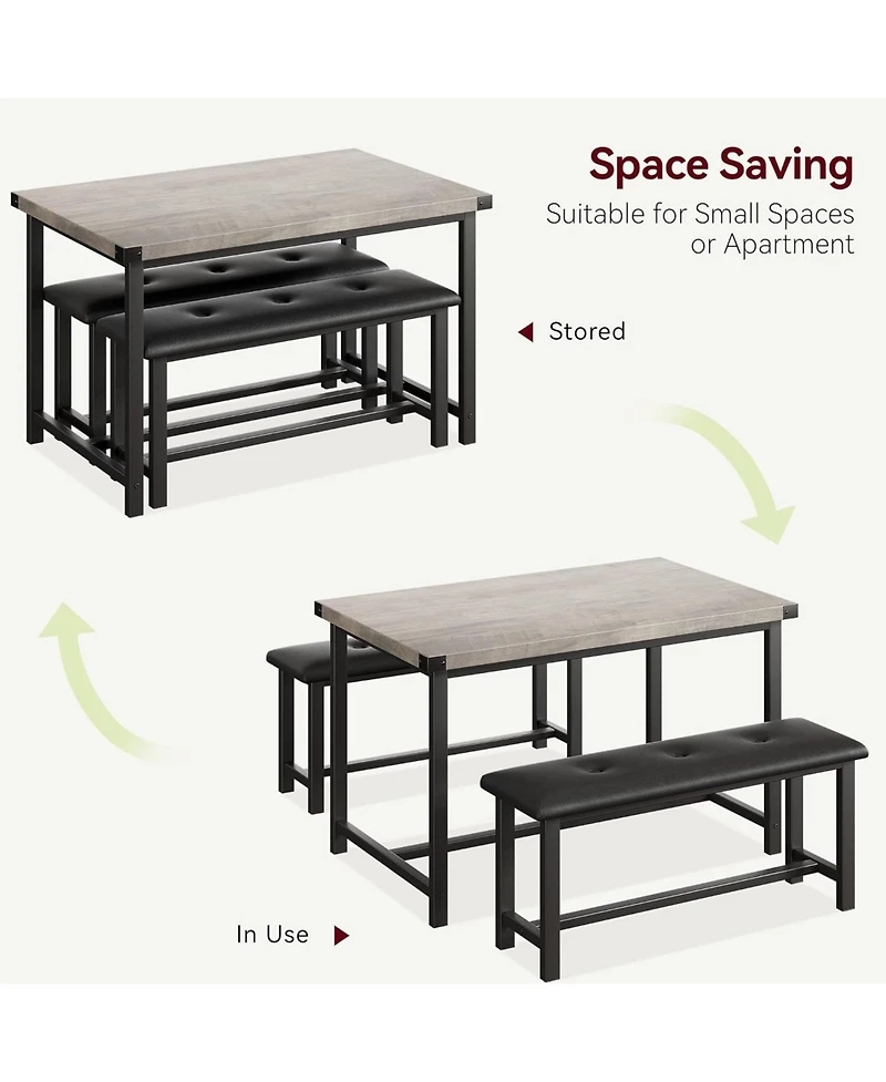 gaomon Kitchen Table Set with 2 Benches, Rectangular Dining Table for 4, Upholstered Benches, Farmhouse Style