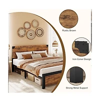 gaomon Platform Bed Frame with Wood Headboard, Rustic Metal, Noise Free, Underbed Storage, No Box Spring, Easy Assembly