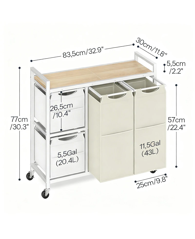 Yigii Laundry Sorter shelve with Hamper Wheels Rolling Basket Pull-out Detachable Bags