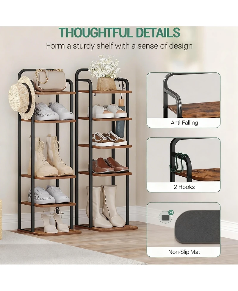 Yigii Vertical Shoe Rack Narrow Tower Adjustable Shelves 2 Hooks