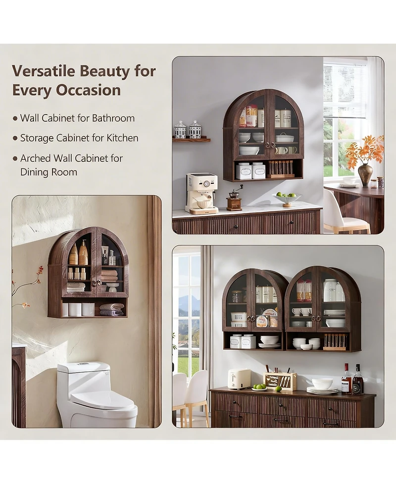 Yigii Arched Wall Cabinet Wide Adjustable Shelves Glass Doors Over Toilet Storage