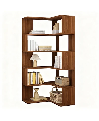 Yigii 6-Tier L-Shaped Corner Bookshelf 66" Tall Wooden Freestanding Open Shelf