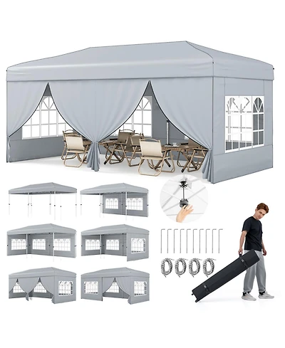 Gymax 10 X 20 Ft Pop up Canopy Tent w/ 6 Sidewalls Wheeled Bag Sandbags Stakes