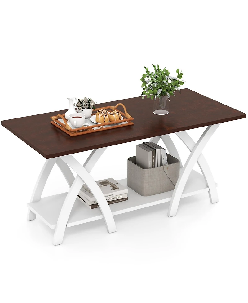 Sugift 40 Inch Farmhouse Wooden 2-Tier Coffee Table with Storage Shelf for Living Room