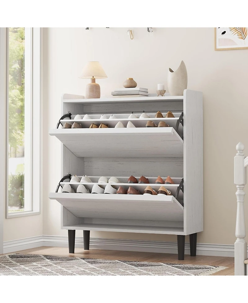 Homfan Shoe Cabinet with 2 Flip Drawers, Hidden Shoe Storage Organizer for Entryway, Wooden Shoe Rack