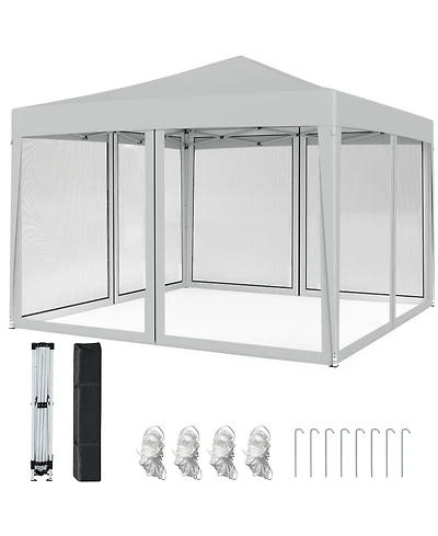 Gymax 10 Ft x 10 Ft Pop-Up Canopy Tent w/ Mesh Netting Carry Bag 8 Stakes and 4 Ropes