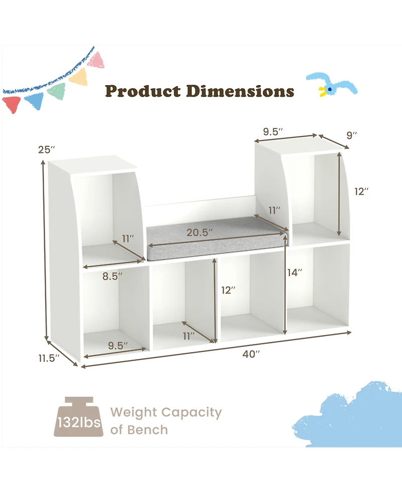 Slickblue 40 Inch Kids Bookshelf with Reading Nook and 6 Open Cubes