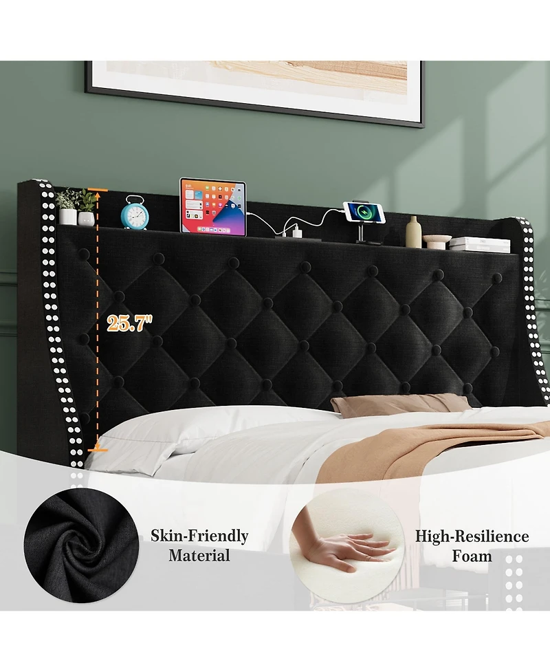 gaomon Full Bed Frame with Wingback Headboard & 4 Drawers, Velvet Upholstered, Charging Station, Button Tufted