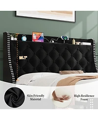 gaomon Full Bed Frame with Wingback Headboard & 4 Drawers, Velvet Upholstered, Charging Station, Button Tufted