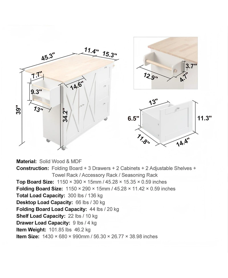 Gouun in Rolling Kitchen Island Cart with Solid Wood Top and Storage Cabinet