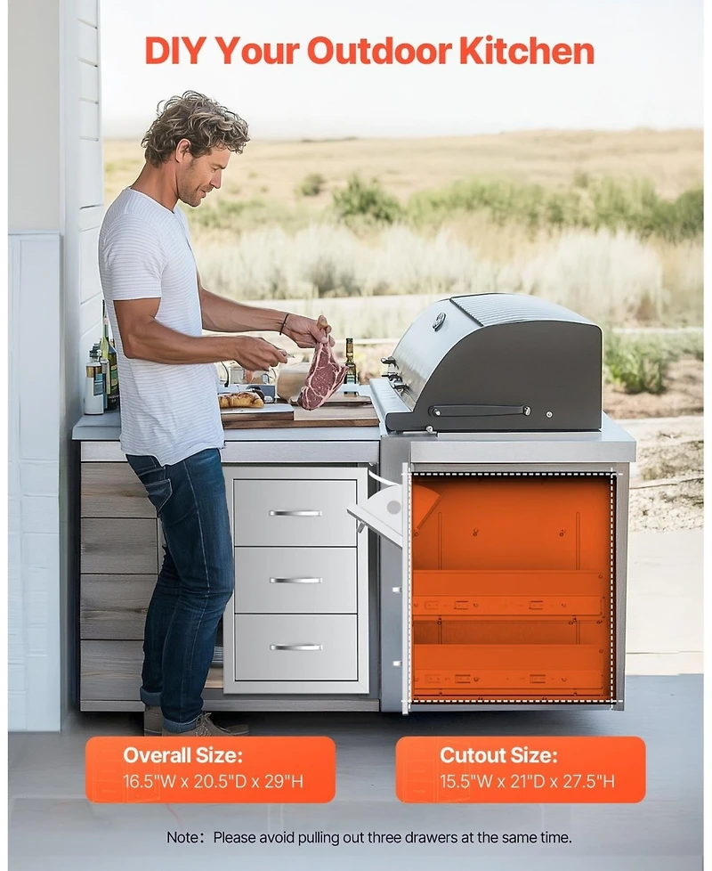 Gouun Stainless Steel Triple Access Outdoor Kitchen Drawers 16.5 x 29 x 20.5 in, Flush Mount Bbq Island