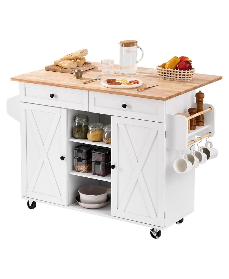 Gouun 52 in Rolling Kitchen Island Cart with Solid Wood Top and Storage Cabinet, Drop Leaf