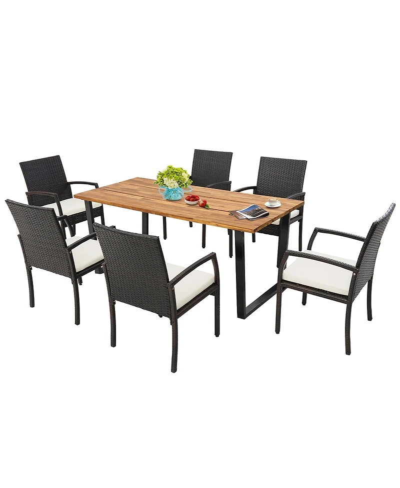 Gymax 7PCS Rattan Dining Set Acacia Wood Table 6 Wicker Chairs w/ Umbrella Hole Patio