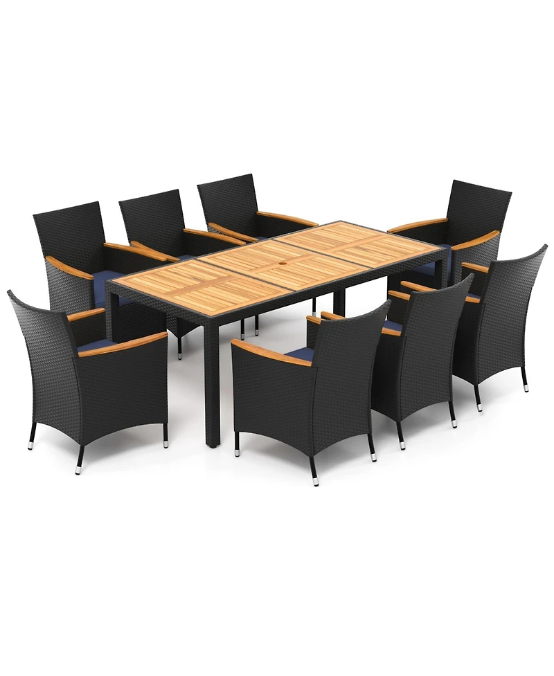 Gymax Set of 9 Outdoor Dining Set w/ Acacia Wood Tabletop and Umbrella Hole and Seat Cushions