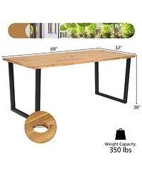 Gymax 5PCS Rattan Dining Set Acacia Wood Table 4 Wicker Chairs w/ Umbrella Hole Patio