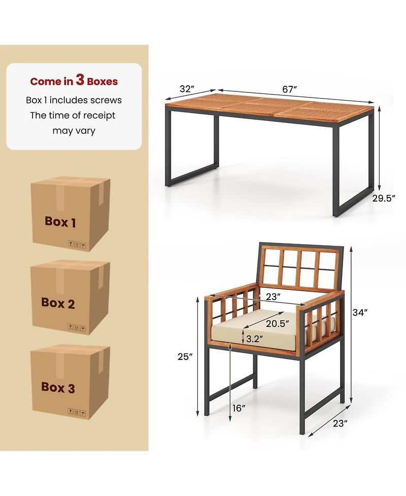 Gymax 7PCS Dining Set Outdoor Acacia Wood Table w/ Soft Cushions Umbrella Hole Patio