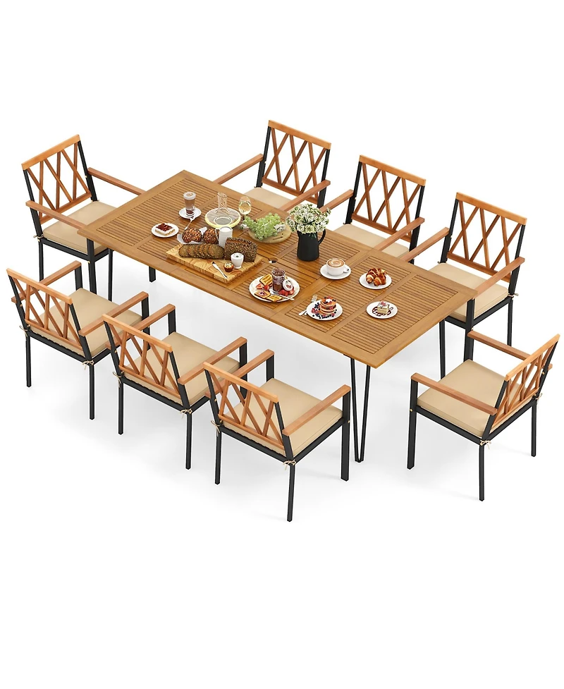 Gymax 9 Pcs Patio Dining Set w/ 8 Chairs Acacia Wood Table Top Umbrella Hole for Yard