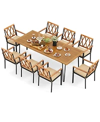 Gymax 9 Pcs Patio Dining Set w/ 8 Chairs Acacia Wood Table Top Umbrella Hole for Yard