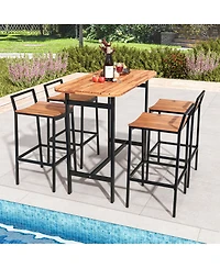 Gymax Acacia Wood Patio Table and Chair Set 5 Pcs Outdoor Dining Set with 1 Table and 4 Bar Height Chairs