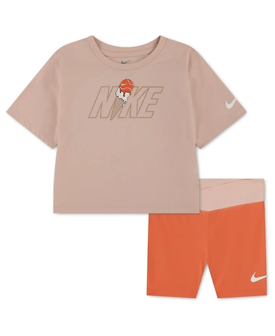 Nike Girls' 4-6X Crewneck T-Shirt and Crossover Bike Shorts, 2-Piece Set