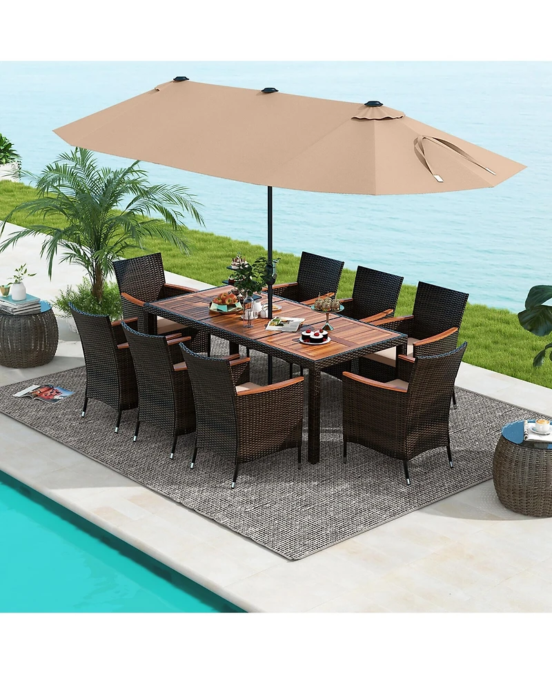 Gymax 9 Piece Patio Wicker Dining Set w/ Double-Sided Patio Coffee Umbrella Stackable Chairs