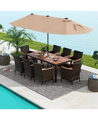 Gymax 9 Piece Patio Wicker Dining Set w/ Double-Sided Patio Coffee Umbrella Stackable Chairs