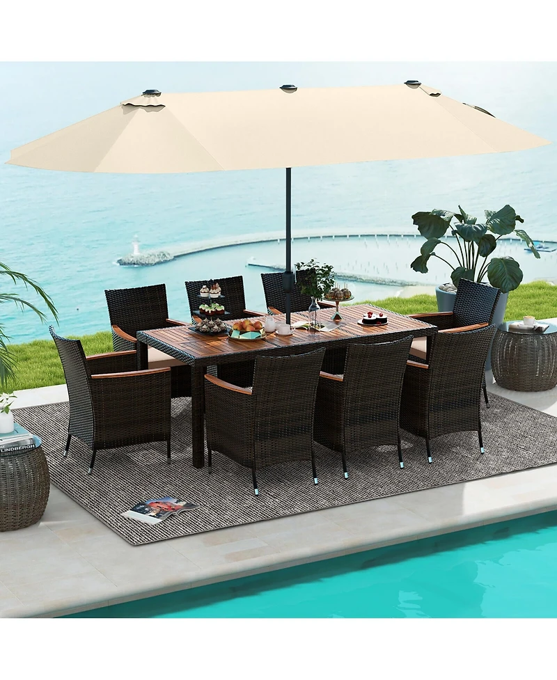 Gymax 9 Piece Patio Wicker Dining Set w/ Double-Sided Patio Beige Umbrella Stackable Chairs