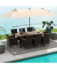 Gymax 9 Piece Patio Wicker Dining Set w/ Double-Sided Patio Beige Umbrella Stackable Chairs