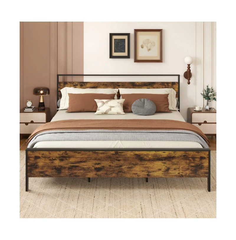 Gouun Metal Bed Frame Industrial Platform Bed with Wooden Headboard