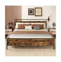 Gouun Metal Bed Frame Industrial Platform Bed with Wooden Headboard