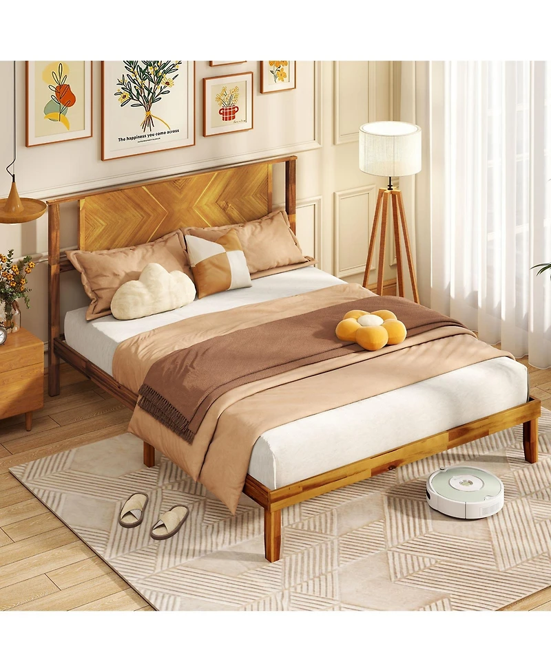 Gouun Bed Frame Mid-Century Acacia Wood Platform Bed with Headboard