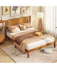Gouun Bed Frame Mid-Century Acacia Wood Platform Bed with Headboard