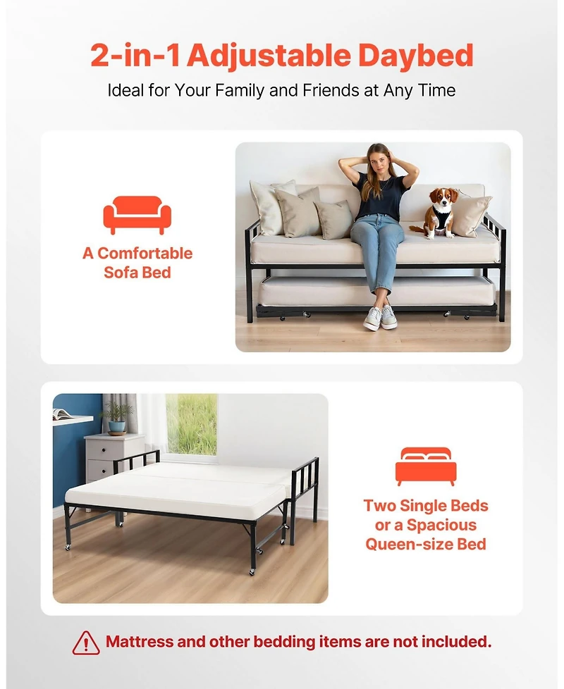 Gouun Daybed with Trundle Metal Bed Frame for Guest Rooms